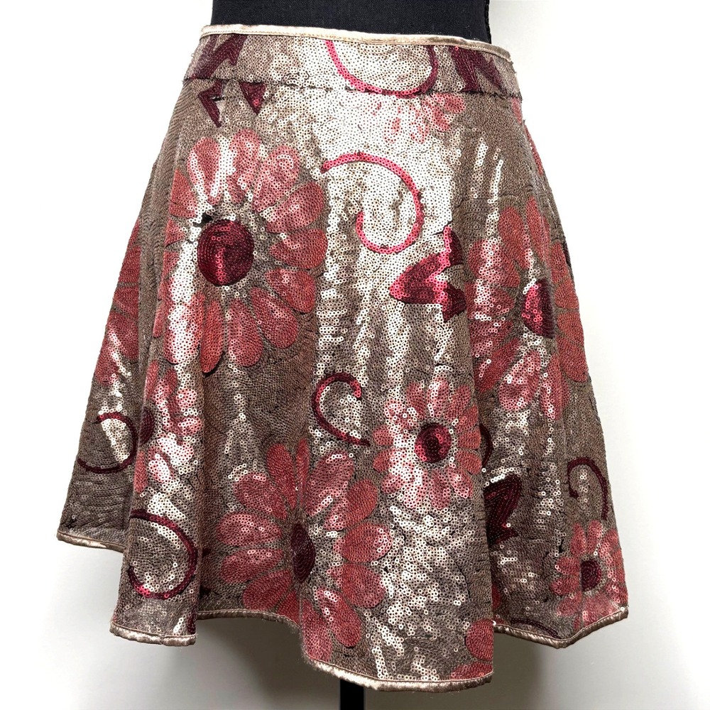 ANIINA Floral Sequin Skater Mini Skirt Gold Red Holiday Party Womens Small‎